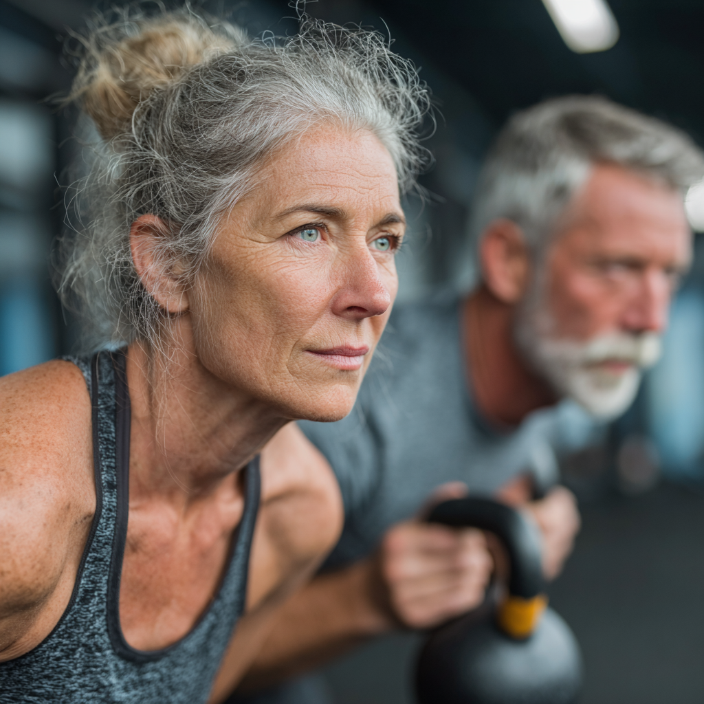 Mature adults aged 40-55 engaged in functional fitness training with kettlebells and resistance equipment in a modern gym setting
