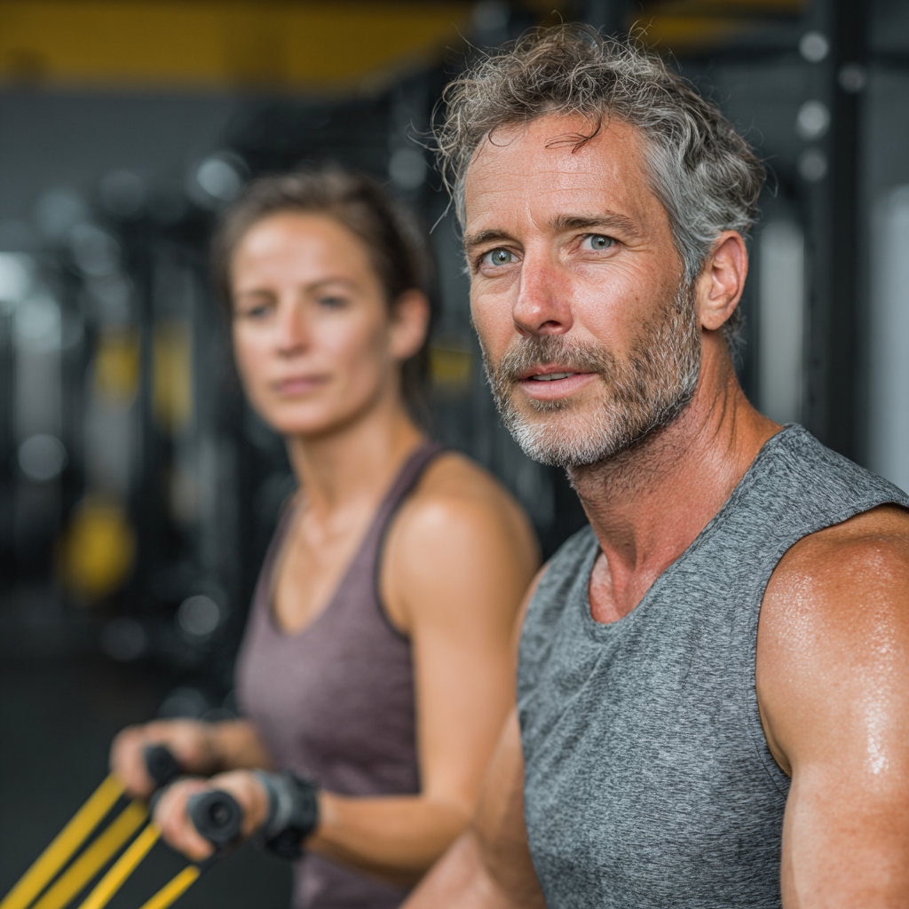 Middle-aged man and woman in their 40s performing functional training exercises with resistance bands in a well-equipped fitness studio