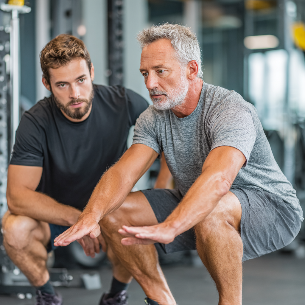 Professional fitness trainer in their 40s working with a mature client, demonstrating proper form during functional movement exercises in a modern training facility